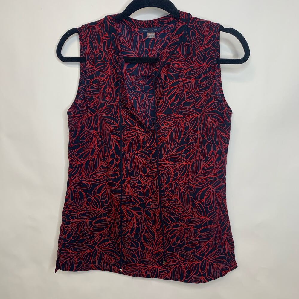Tommy Hilfiger Blue Red Floral Print Sleeveless Blouse Sz Small Preppy